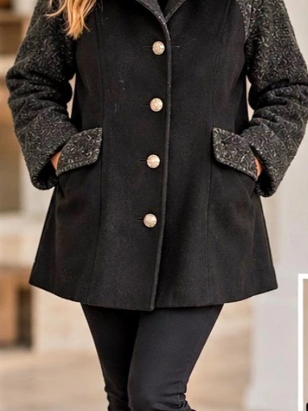24” ptp Liz Claiborne Bouclé Trim Wool-Blend Coat Pea Coat Black XL